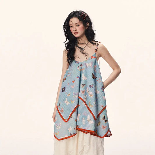 Butterfly Beaded Cute Girly Style Sling Short Dress - Bag