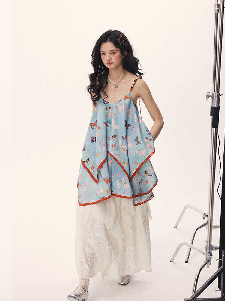 Butterfly Beaded Cute Girly Style Sling Short Dress - Bag