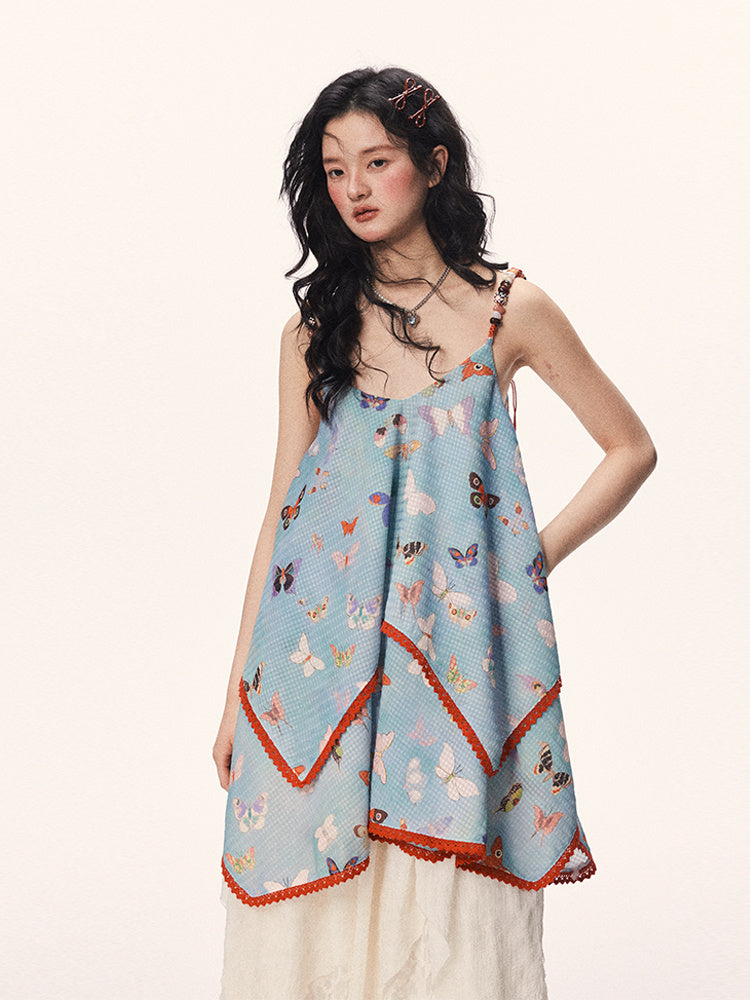 Butterfly Beaded Cute Girly Style Sling Short Dress - Bag