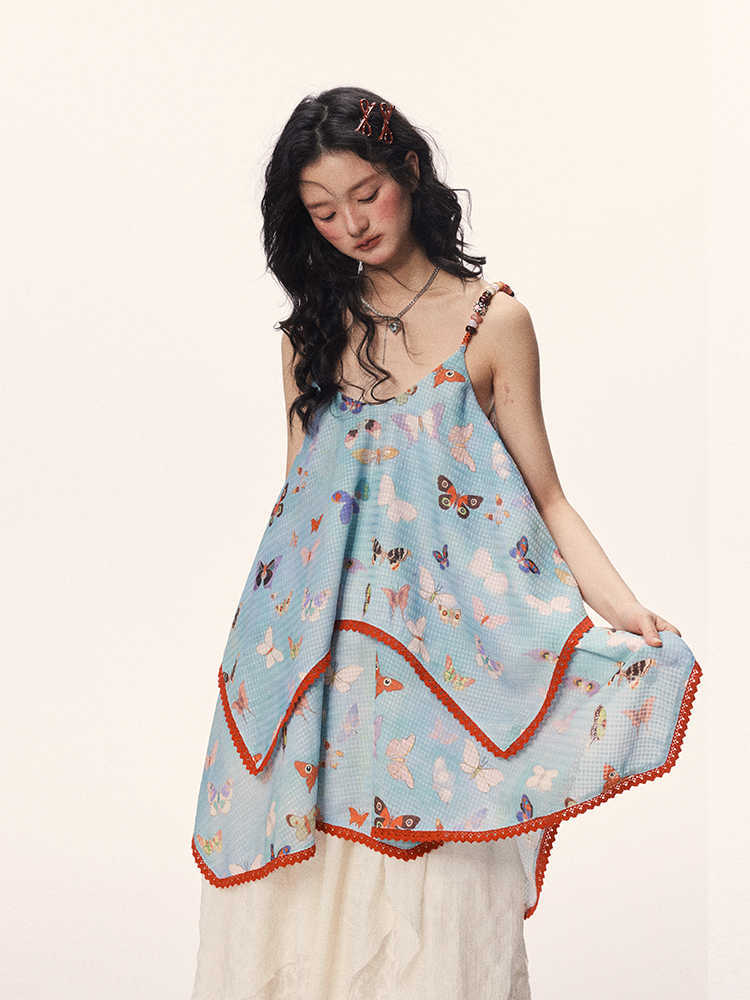 Butterfly Beaded Cute Girly Style Sling Short Dress - Bag