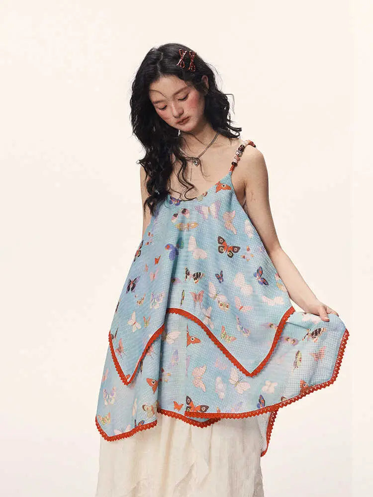 Butterfly Beaded Cute Girly Style Sling Short Dress - Bag