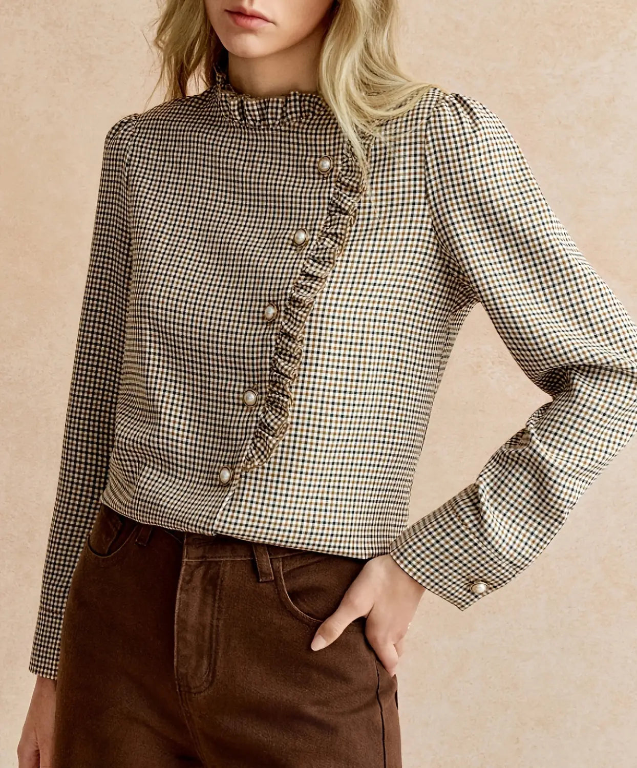 Houndstooth Ruffled Small Stand-up Collar Side-button-front Shirt