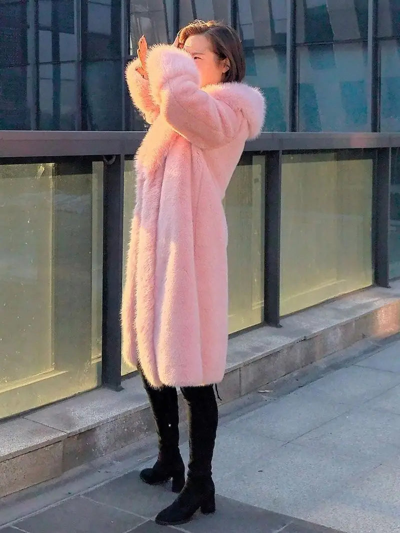 Women’s Thick Faux Rabbit Fur Mid-Length Leather Coat | same ANTHEM.