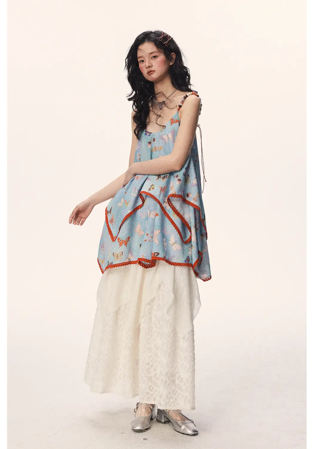 Butterfly Beaded Cute Girly Style Sling Short Dress