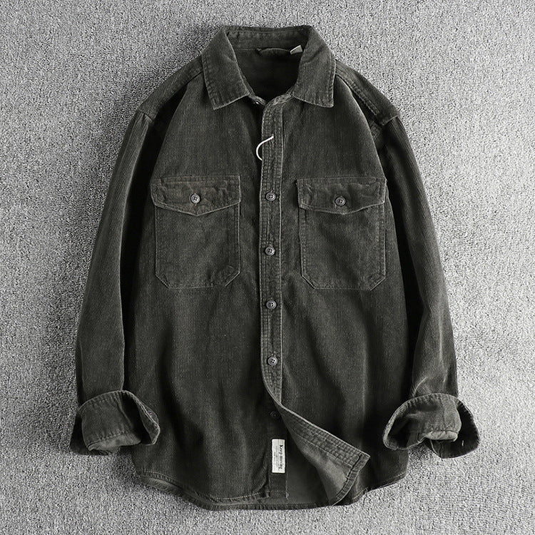Casual Corduroy Cotton Long-Sleeved Shirt for Men | same ANTHEM - Blackish green / 2XL