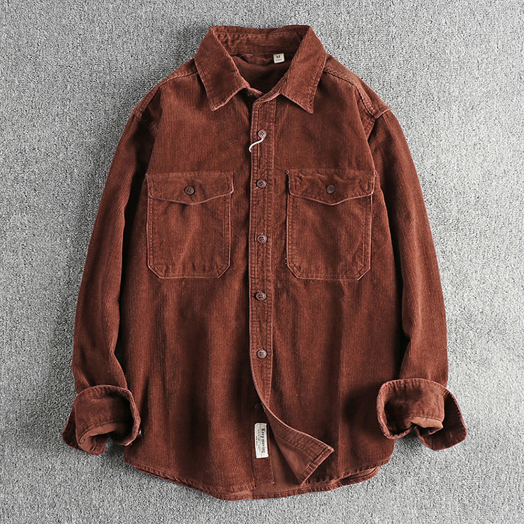Casual Corduroy Cotton Long-Sleeved Shirt for Men | same ANTHEM - Brown Red / 2XL