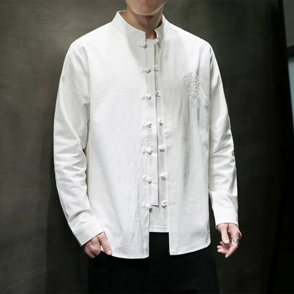 Casual Men’s Embroidery Buckle Hanfu Shirt Coat – Cool Everyday Layer | same ANTHEM - White / 2XL