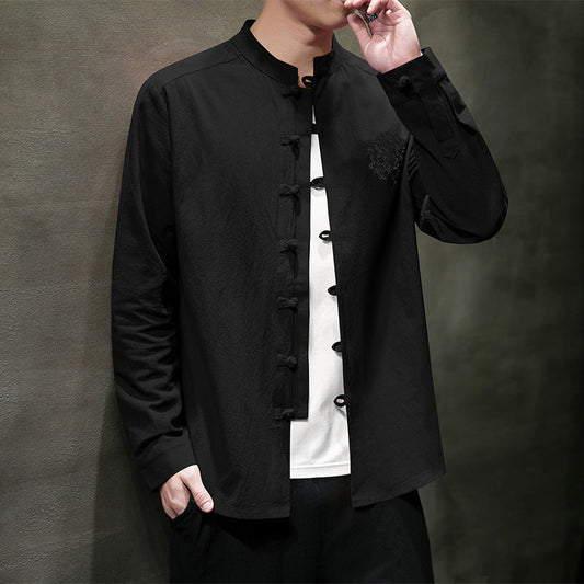 Casual Men’s Embroidery Buckle Hanfu Shirt Coat – Cool Everyday Layer | same ANTHEM - Black / 2XL