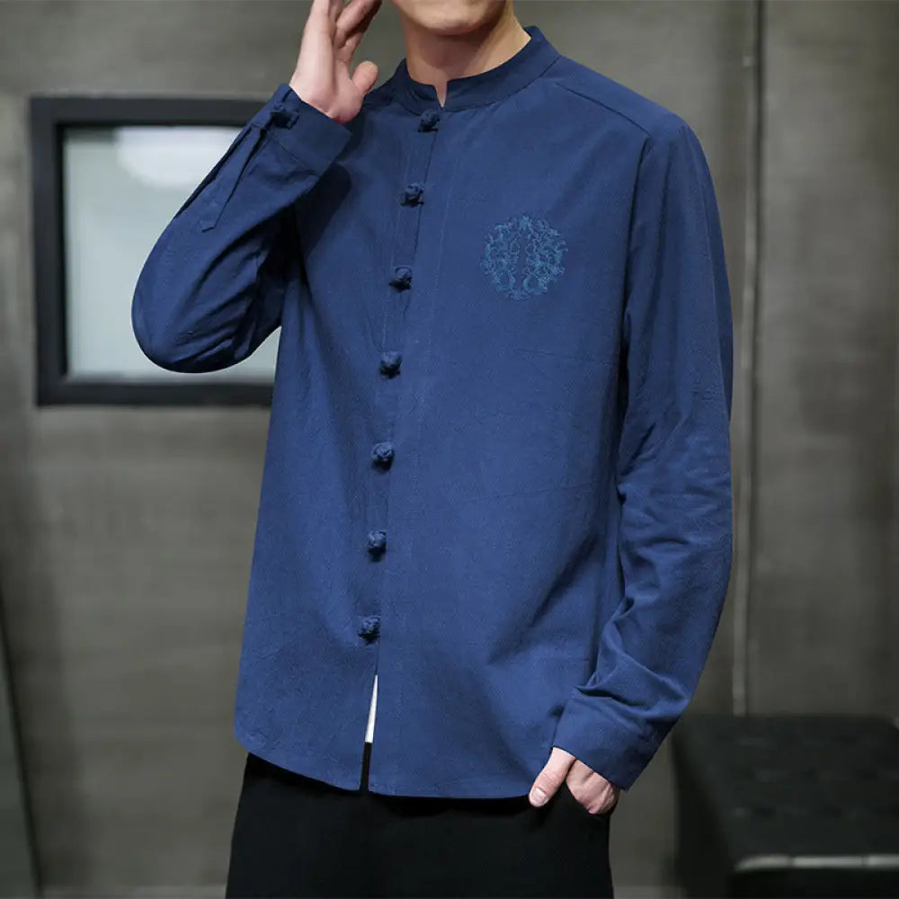 Casual Men’s Embroidery Buckle Hanfu Shirt Coat – Cool Everyday Layer | same ANTHEM - Dark Blue / 2XL