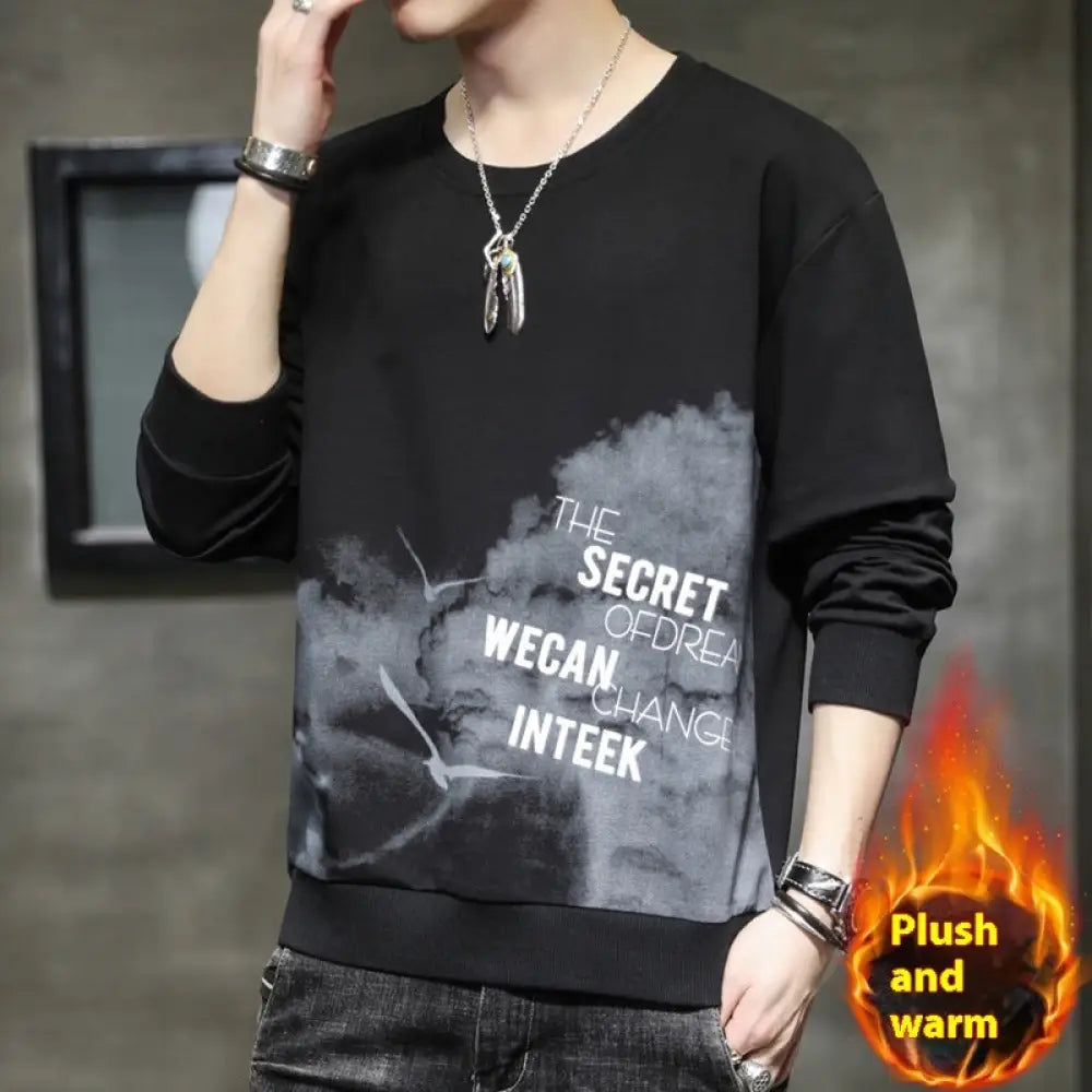 Casual Men’s Sweater Long Sleeve T-Shirt with Velvet Print | same ANTHEM - Black / 2XL