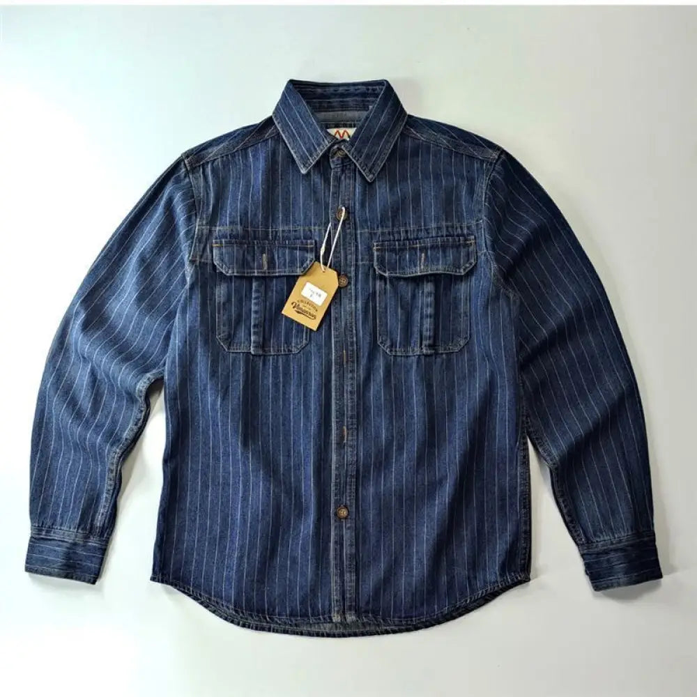 Casual Men’s Washed Old American Denim Shirt | same ANTHEM - Dark Blue / L
