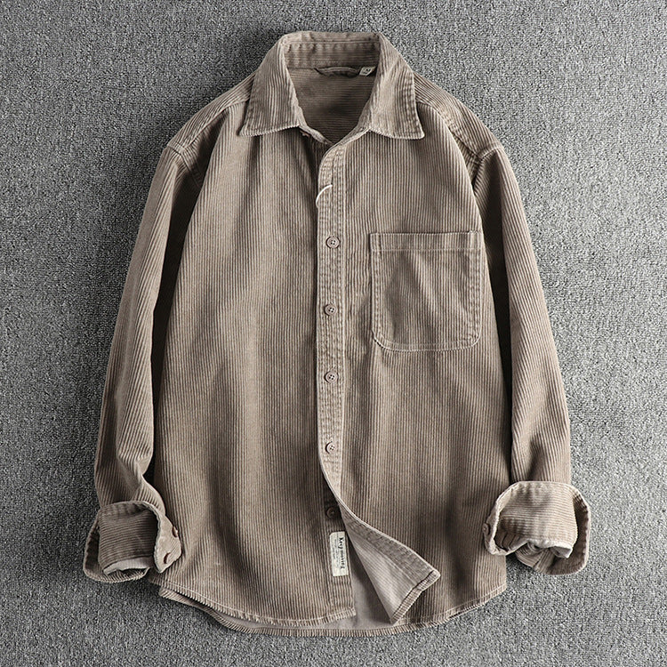 Casual Pure Cotton Corduroy Washed Long Sleeve Shirt for Men | same ANTHEM - Light Gray 16 / 2XL
