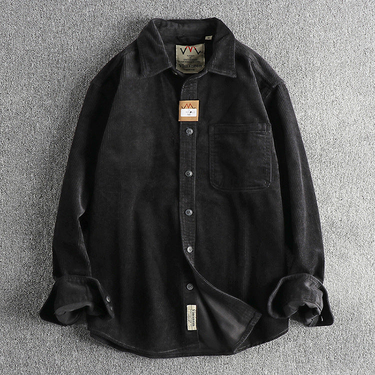 Casual Pure Cotton Corduroy Washed Long Sleeve Shirt for Men | same ANTHEM - 43 Black / 2XL