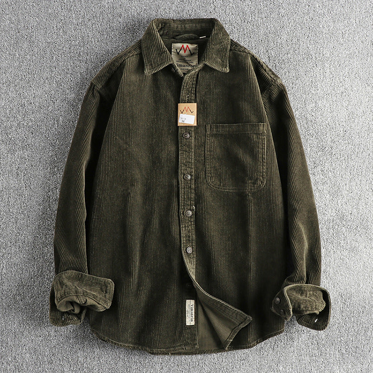 Casual Pure Cotton Corduroy Washed Long Sleeve Shirt for Men | same ANTHEM - Army Green 38 / 2XL