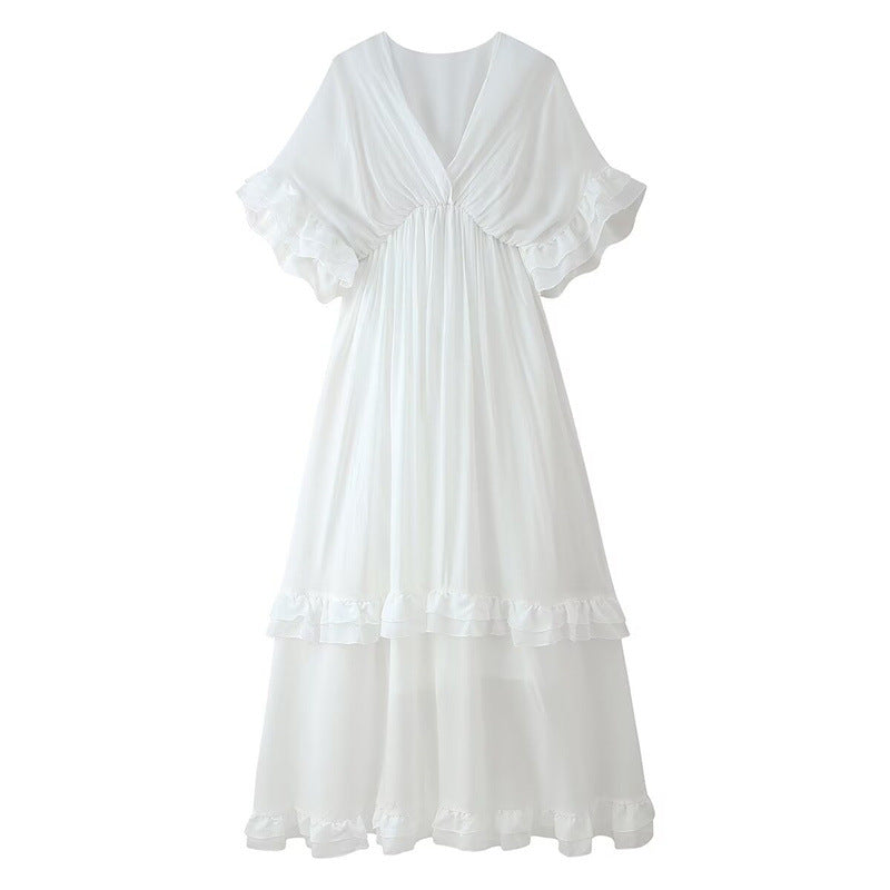 Casual Romantic V-Neck Ruffle Long Dress – Soulmate Streetwear | same ANTHEM. - White / S