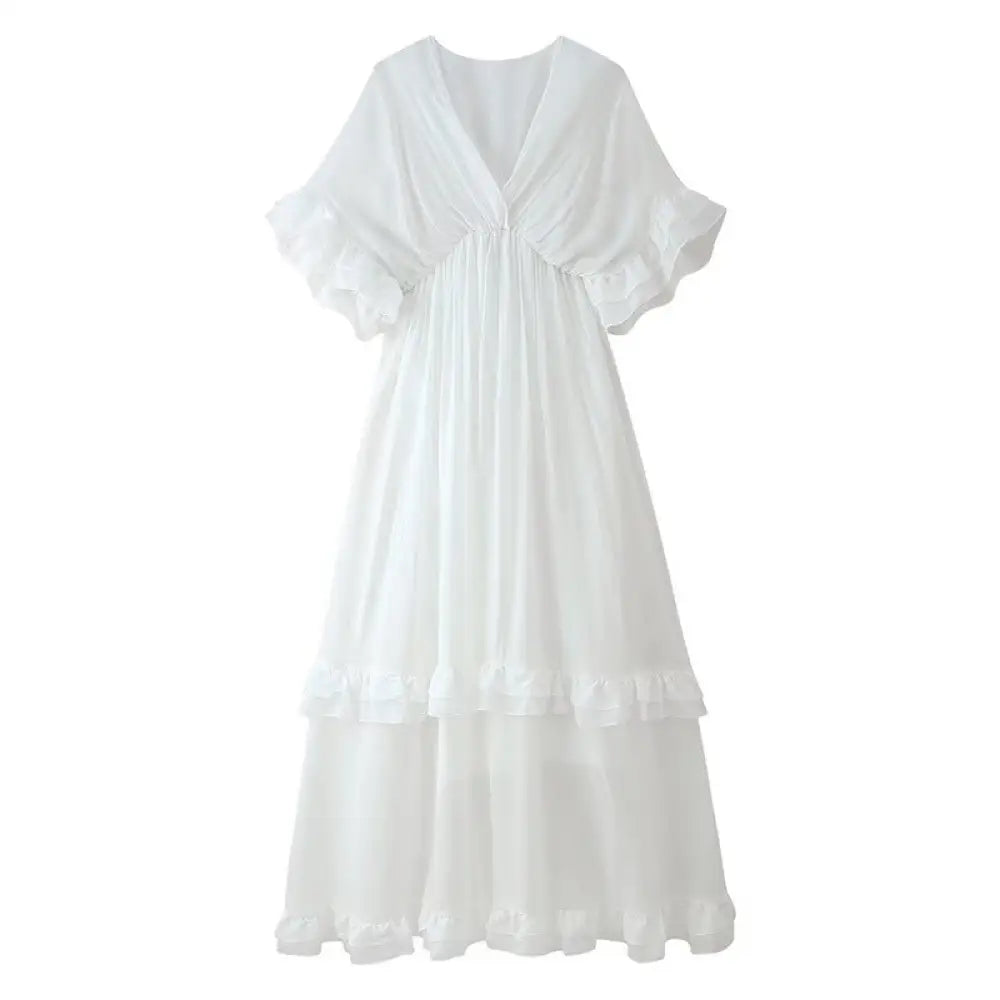 Casual Romantic V-Neck Ruffle Long Dress – Soulmate Streetwear | same ANTHEM. - White / S