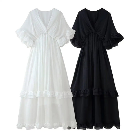 Casual Romantic V-Neck Ruffle Long Dress – Soulmate Streetwear | same ANTHEM.