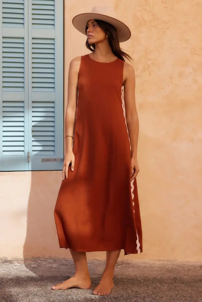 Casual Sleeveless Round Neck Solid Color Stitching Lace Split Dress | Everyday Moroccan Style | same ANTHEM - Brown / L
