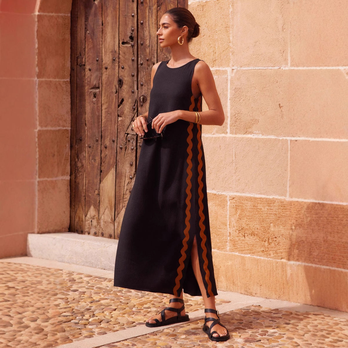Casual Sleeveless Round Neck Solid Color Stitching Lace Split Dress | Everyday Moroccan Style | same ANTHEM