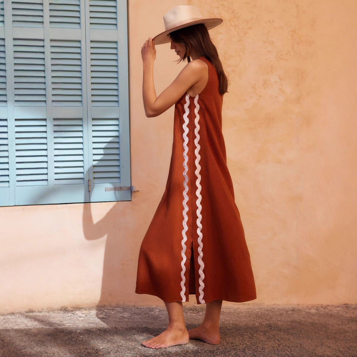 Casual Sleeveless Round Neck Solid Color Stitching Lace Split Dress | Everyday Moroccan Style | same ANTHEM