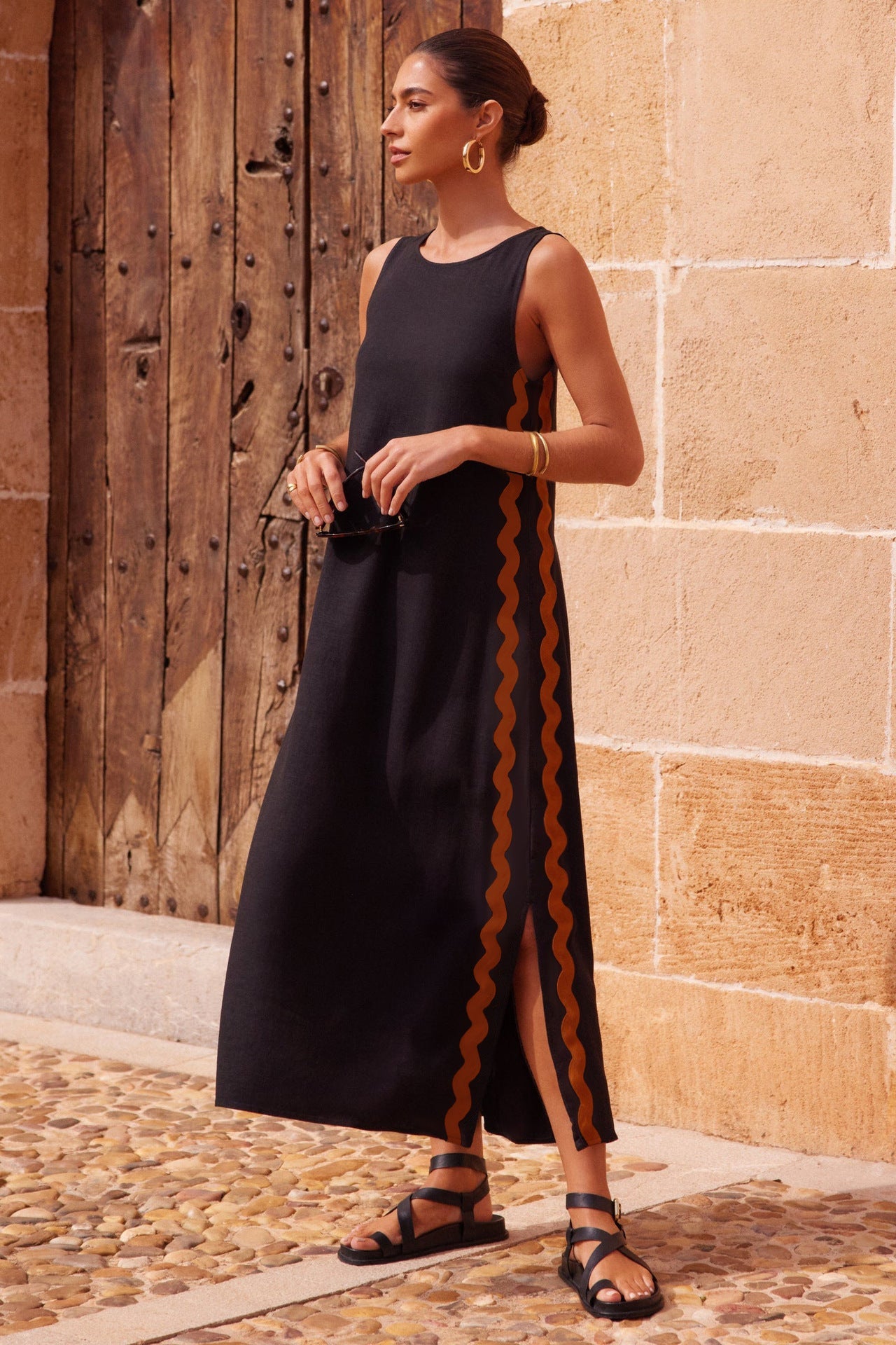 Casual Sleeveless Round Neck Solid Color Stitching Lace Split Dress | Everyday Moroccan Style | same ANTHEM - Black / L