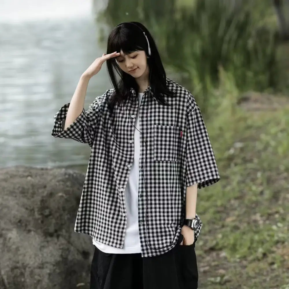Retro Relaxed-fit Casual Three-quarter-sleeve Shirt - Black / 2XL - Top