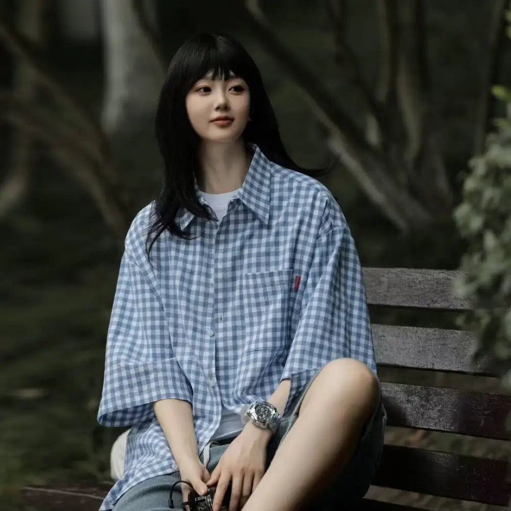 Retro Relaxed-fit Casual Three-quarter-sleeve Shirt - Blue / 2XL - Top