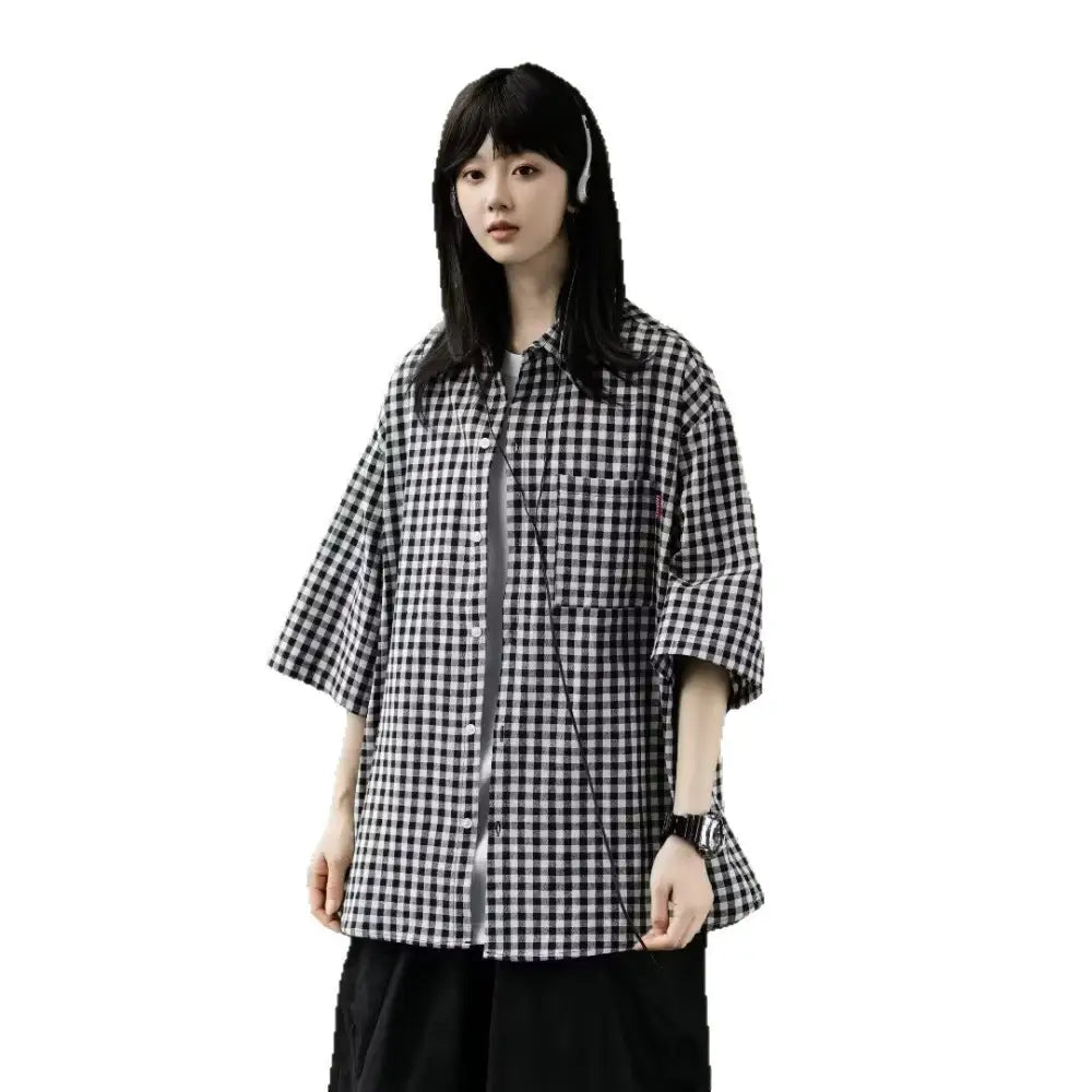Retro Relaxed-fit Casual Three-quarter-sleeve Shirt - Top