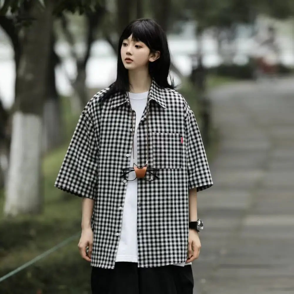 Retro Relaxed-fit Casual Three-quarter-sleeve Shirt - Top