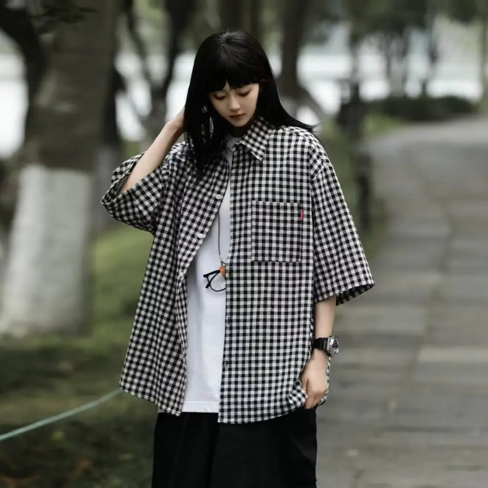 Retro Relaxed-fit Casual Three-quarter-sleeve Shirt - Top