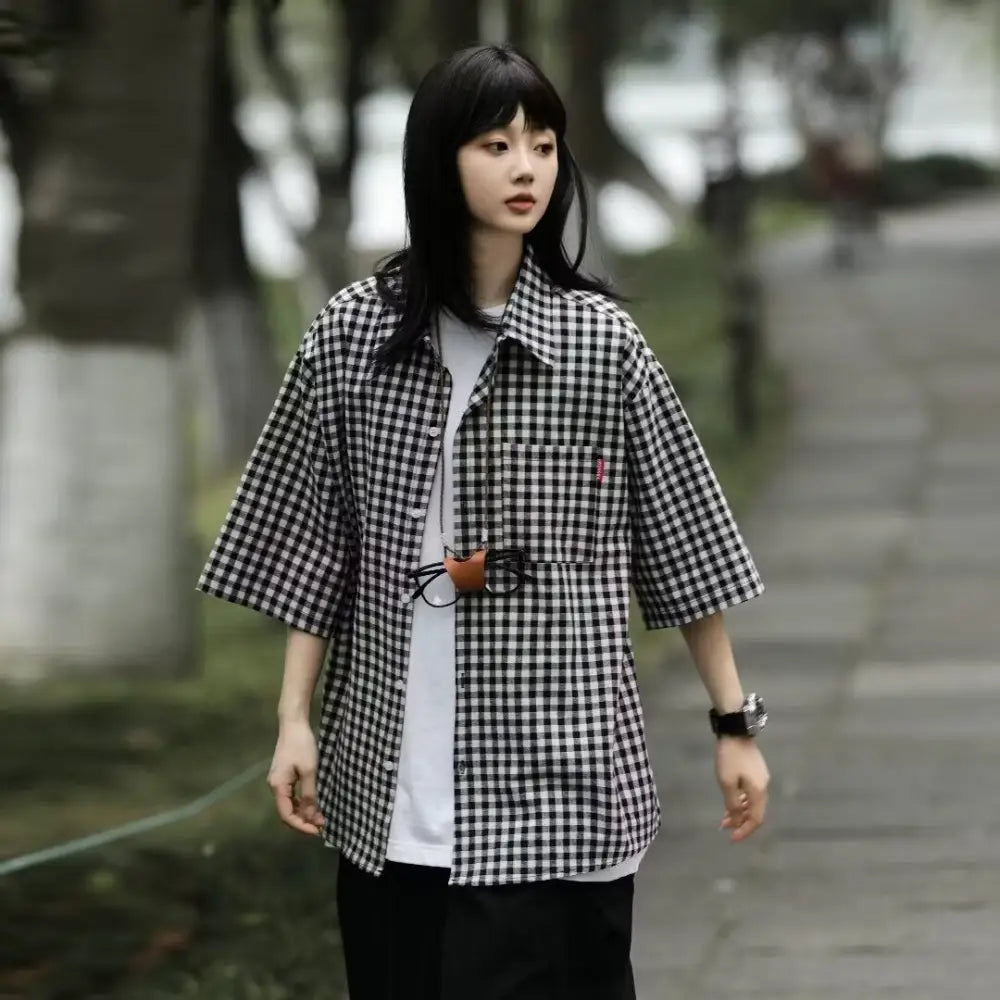 Retro Relaxed-fit Casual Three-quarter-sleeve Shirt - Top