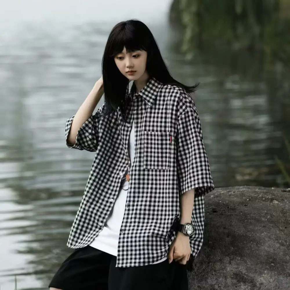 Retro Relaxed-fit Casual Three-quarter-sleeve Shirt - Top