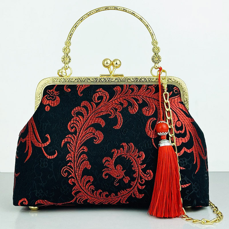 Cheongsam Embroidered Handbag – Poetic Streetwear | same ANTHEM - Black Flower Red Tassel / Double L