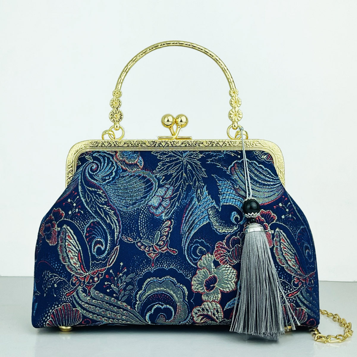 Cheongsam Embroidered Handbag – Poetic Streetwear | same ANTHEM - Dark Blue Flowers Gray Tassel / Double L