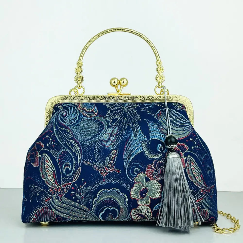 Cheongsam Embroidered Handbag – Poetic Streetwear | same ANTHEM - Dark Blue Flowers Gray Tassel / Double L