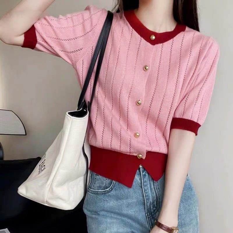 Chic Contrast Color Knitted Sweater – French Style for Lovers & Soulmates | same ANTHEM - Pink / L - Top