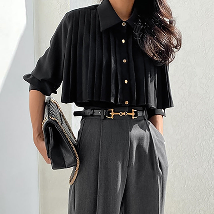 Chic French Pleated White Shirt – same ANTHEM | Classic Business Romance for Soulmates - Black / S