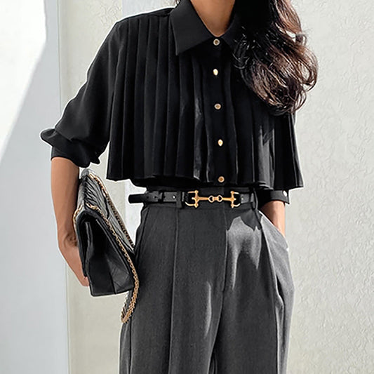 Chic French Pleated White Shirt – same ANTHEM | Classic Business Romance for Soulmates - Black / S