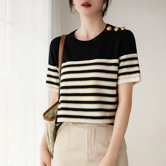 Chic Knitted Striped T-shirt – French Style for Lovers & Soulmates | same ANTHEM - Top