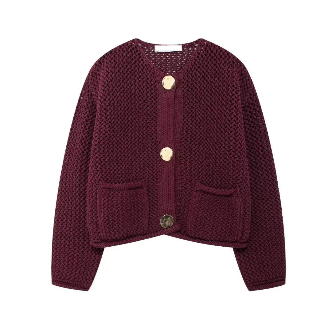 Chic Metal Button Knit Cardigan | same ANTHEM - wine red / S