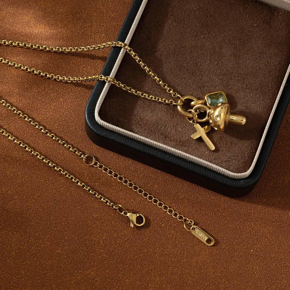 Chic Stainless Steel Cross & Mushroom Pendant Zircon Necklace | Boho Romantic Jewelry | same ANTHEM
