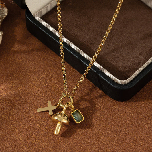 Chic Stainless Steel Cross & Mushroom Pendant Zircon Necklace | Boho Romantic Jewelry | same ANTHEM