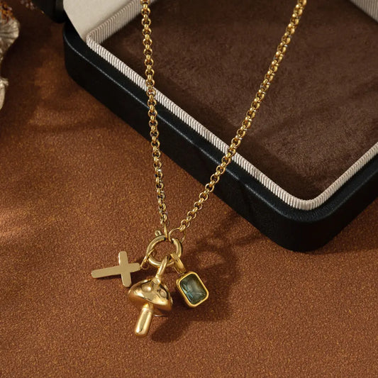 Chic Stainless Steel Cross & Mushroom Pendant Zircon Necklace | Boho Romantic Jewelry | same ANTHEM