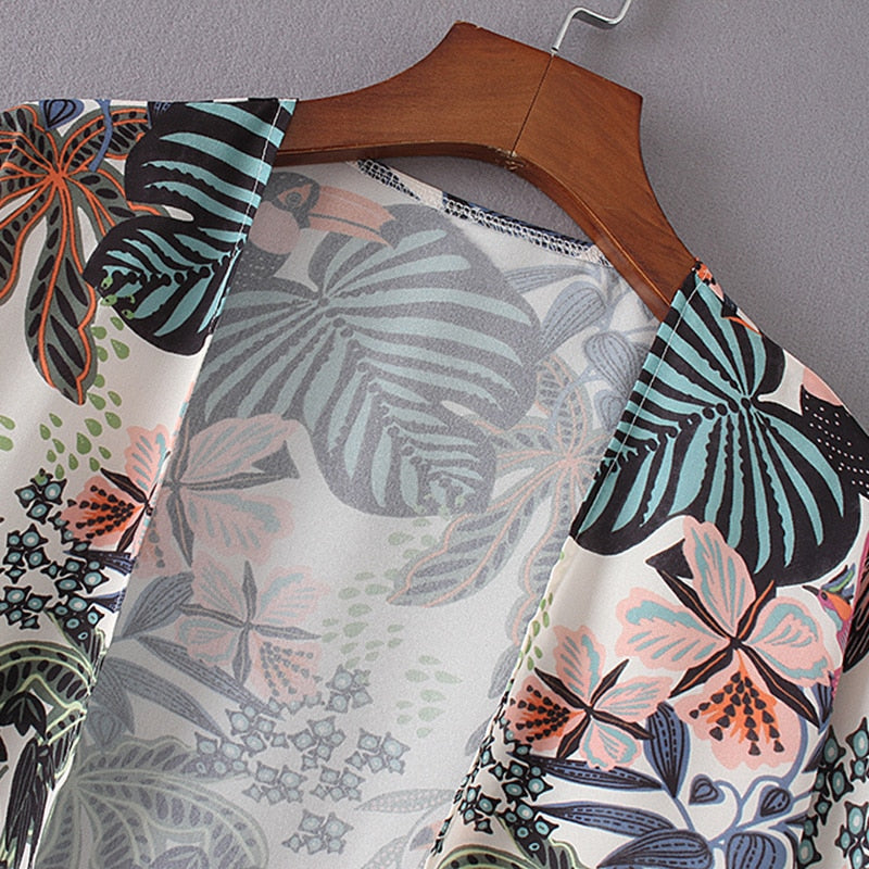 Chiffon Kimono Beach Cardigan – Bird & Leaf Print | same ANTHEM
