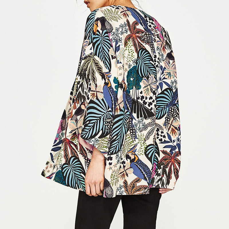 Chiffon Kimono Beach Cardigan – Bird & Leaf Print | same ANTHEM