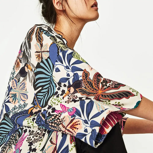 Chiffon Kimono Beach Cardigan – Bird & Leaf Print | same ANTHEM