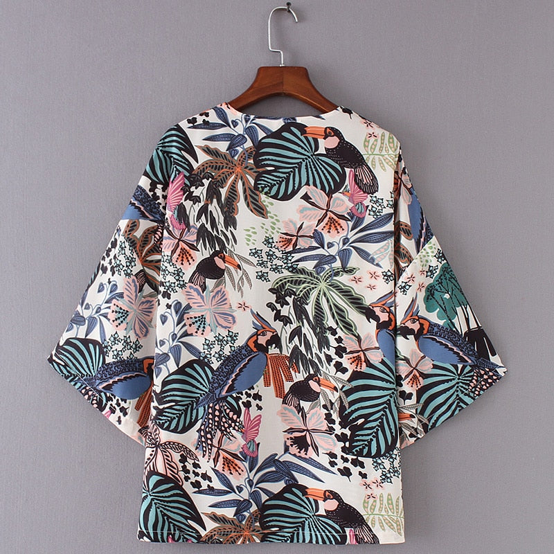 Chiffon Kimono Beach Cardigan – Bird & Leaf Print | same ANTHEM