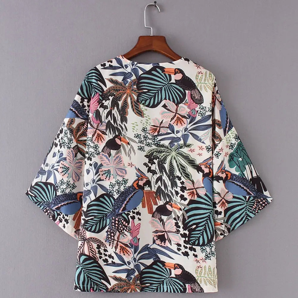 Chiffon Kimono Beach Cardigan – Bird & Leaf Print | same ANTHEM
