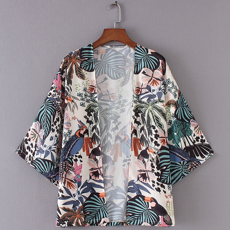 Chiffon Kimono Beach Cardigan – Bird & Leaf Print | same ANTHEM