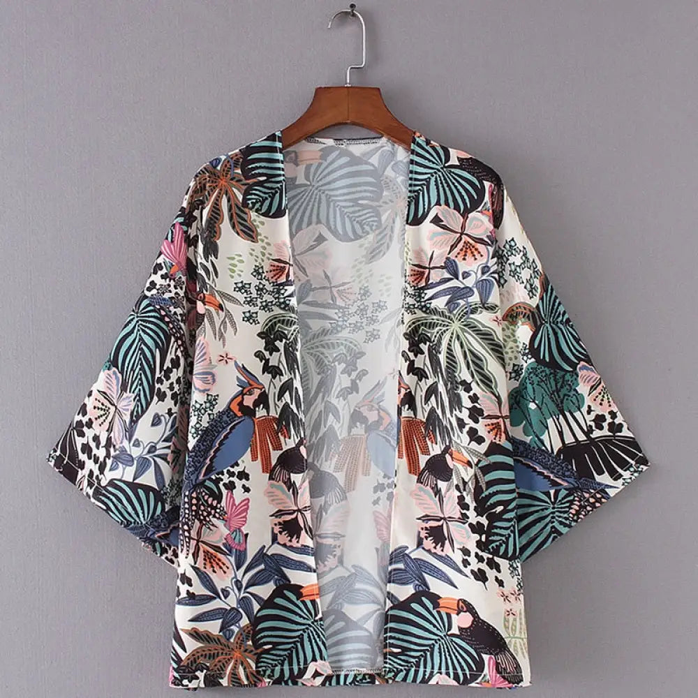 Chiffon Kimono Beach Cardigan – Bird & Leaf Print | same ANTHEM